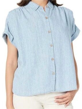 Faherty Breeze Light Blue White Stripe Relaxed Shirt. Linen Blend. Size Medium
